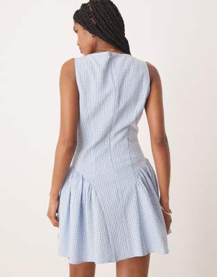 asos blue gingham dress ASOS DESIGN crew neck puff sleeve tiered maxi dress in blue gingham