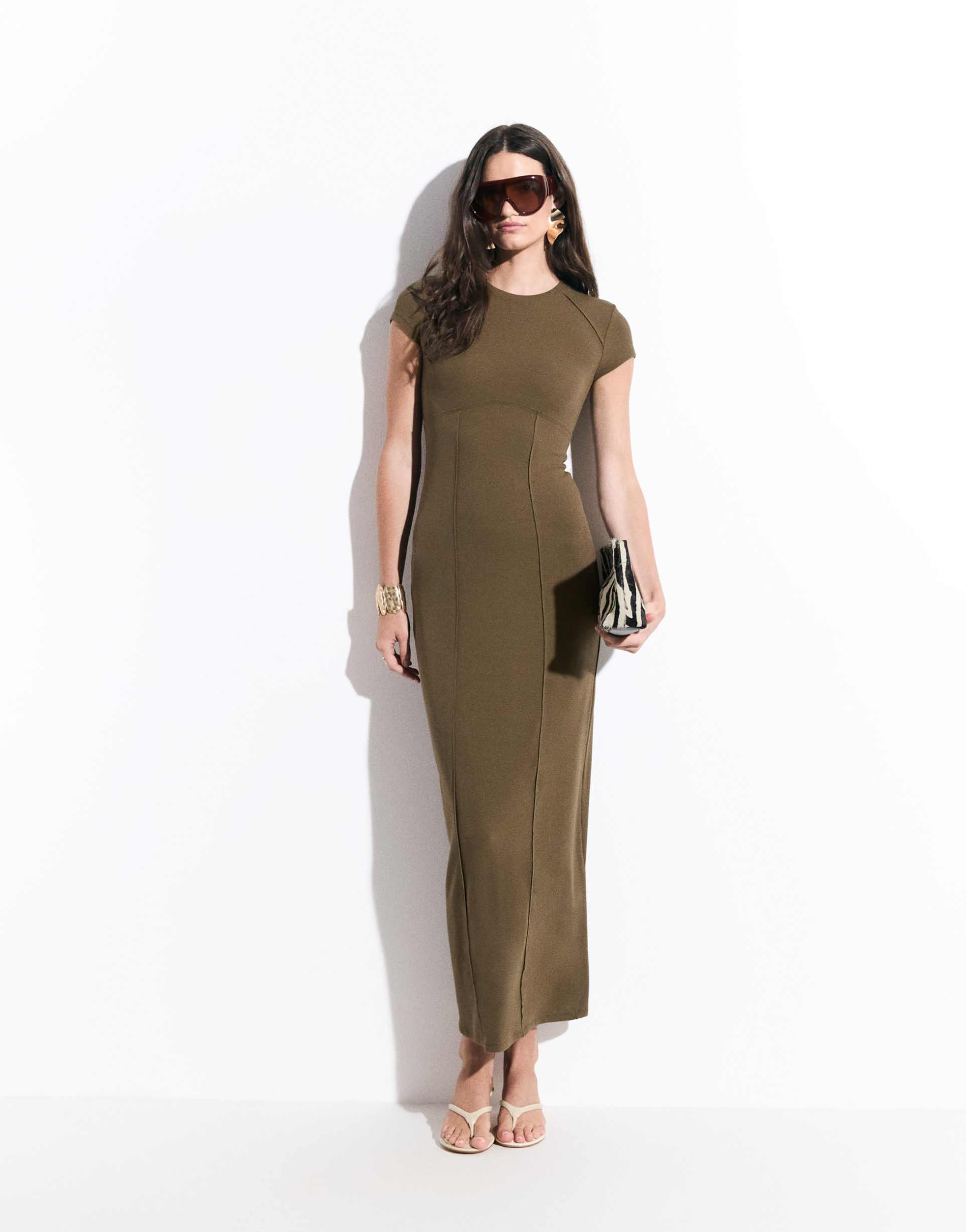 asos design seam detailing short sleeve midaxi dress in khaki