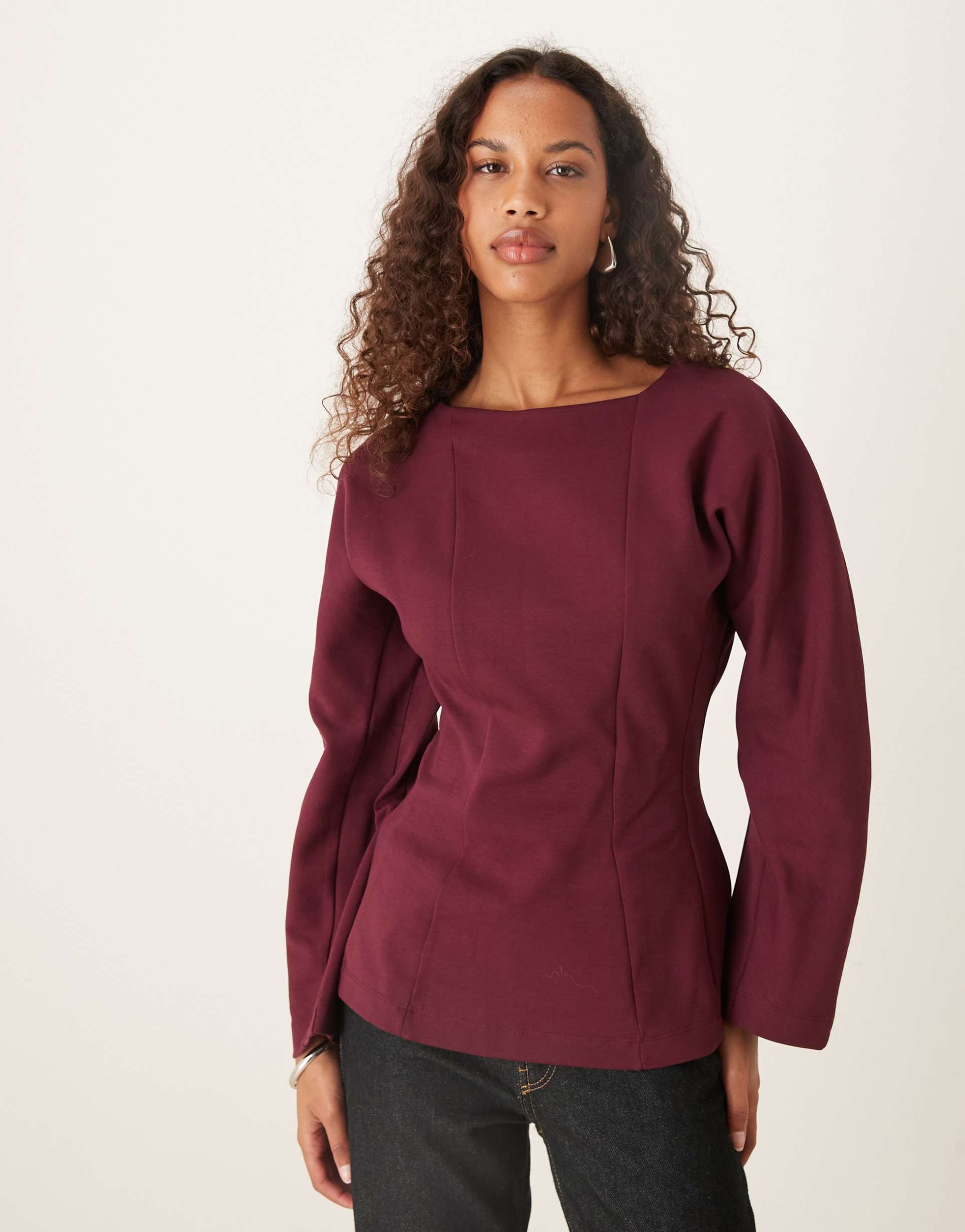 asos design seam detailing waisted long sleeve tee in berry
