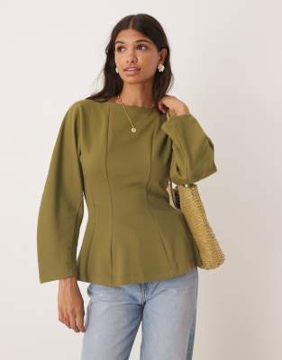 Asos Design Seam Detailing Waisted Long Sleeve Tee In Green