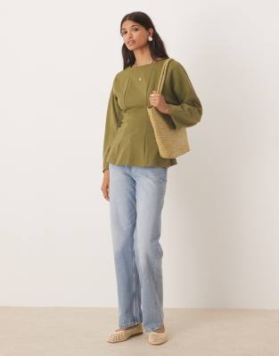 Asos Design Seam Detailing Waisted Long Sleeve Tee In Green