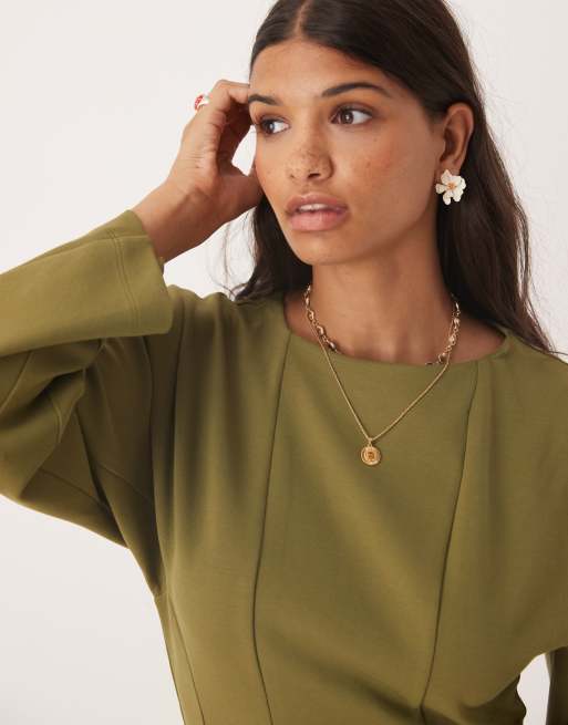 ASOS DESIGN seam detailing waisted long sleeve tee in khaki green