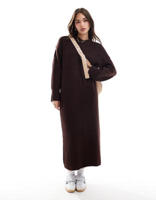 seam front knit midaxi dress in chocolate-Brown