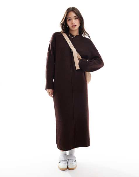 ASOS DESIGN seam front knitted midaxi dress in chocolate - view 1