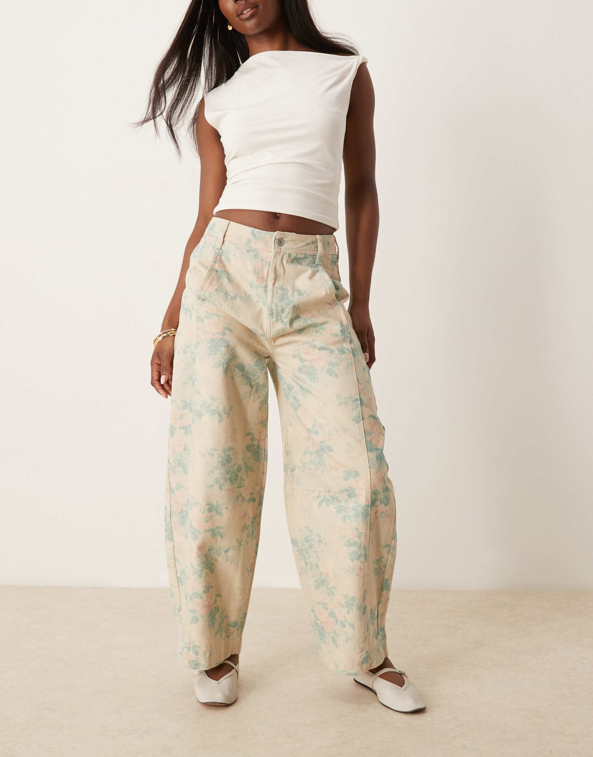 asos design seamed barrel leg pants in vintage floral print