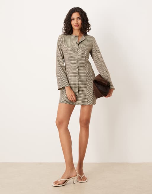 ASOS DESIGN seamed button down mini dress in brown plaid