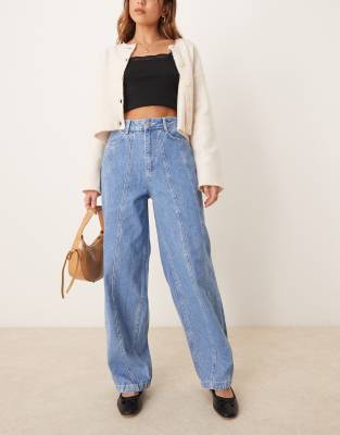 ASOS DESIGN seamed cinch barrrel jean in mid blue