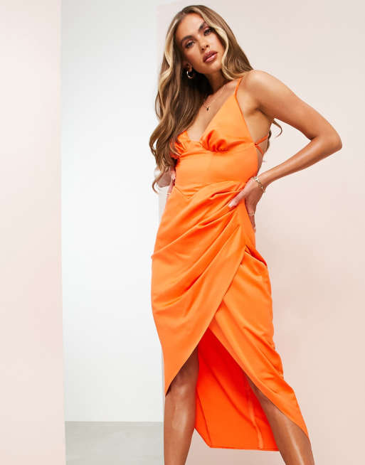 ASOS DESIGN seamed corset satin midi dress in hot orange