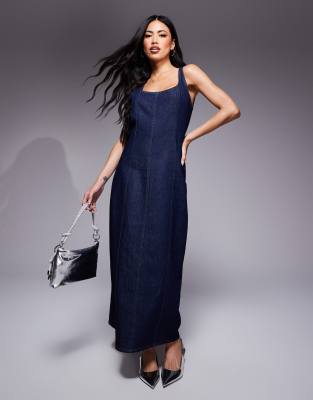 seamed denim maxi dress in indigo-Blue