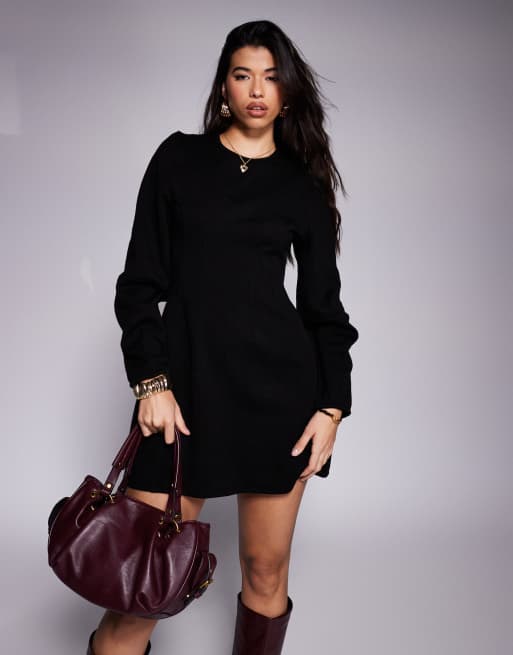 ASOS DESIGN seamed detail sculpted sleeve mini dress in black, 2 of 4