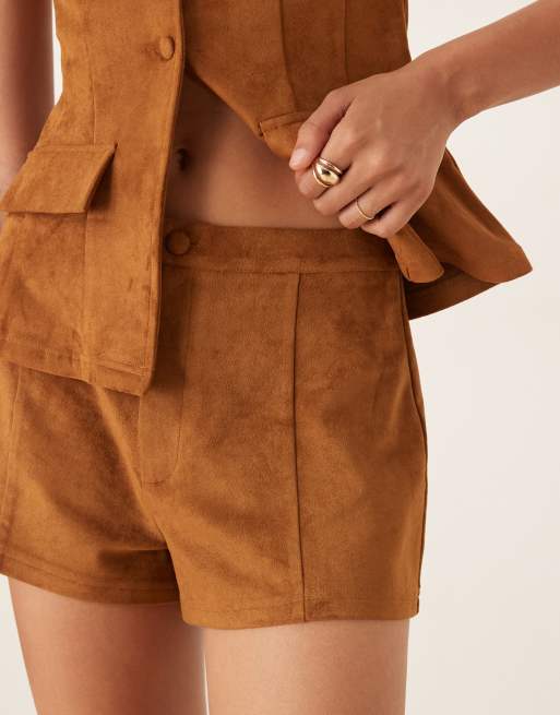 ASOS DESIGN seamed faux suede hot pant shorts in brown - part of a set