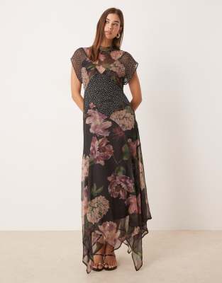 Asos Design Seamed High Neck Flutter Sleeve Midi Dress In Multi