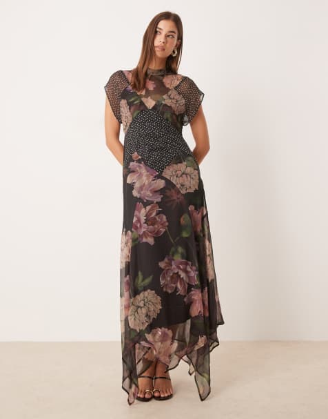 ASOS DESIGN seamed high neck flutter sleeve midi dress in mixed print - view 1