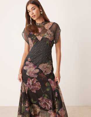 Asos Design Seamed High Neck Flutter Sleeve Midi Dress In Multi