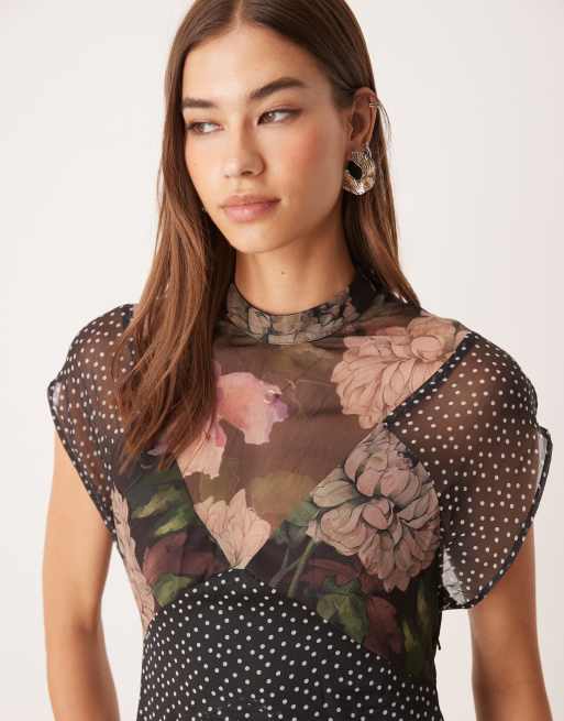 ASOS DESIGN seamed high neck flutter sleeve midi dress in mixed print