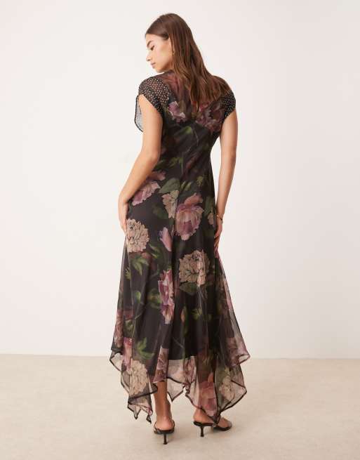 ASOS DESIGN seamed high neck flutter sleeve midi dress in mixed print