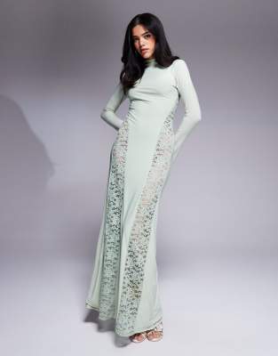 ASOS DESIGN seamed in lace panel maxi dress with high neck in sage green-Blue