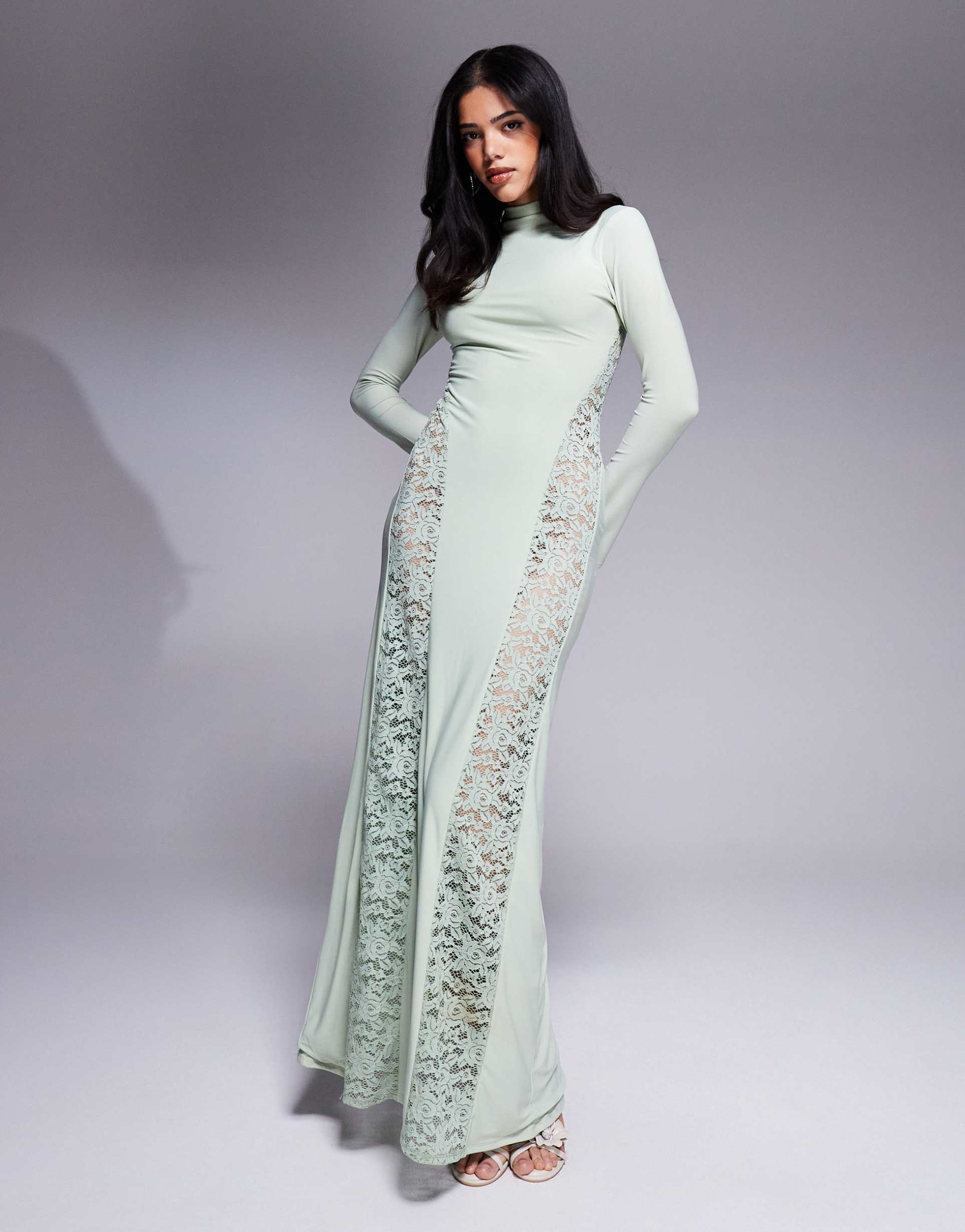 asos design seamed in lace panel maxi dress with high neck in sage green