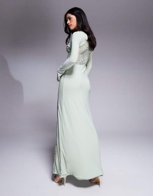 ASOS DESIGN seamed in lace panel maxi dress with high neck in sage green