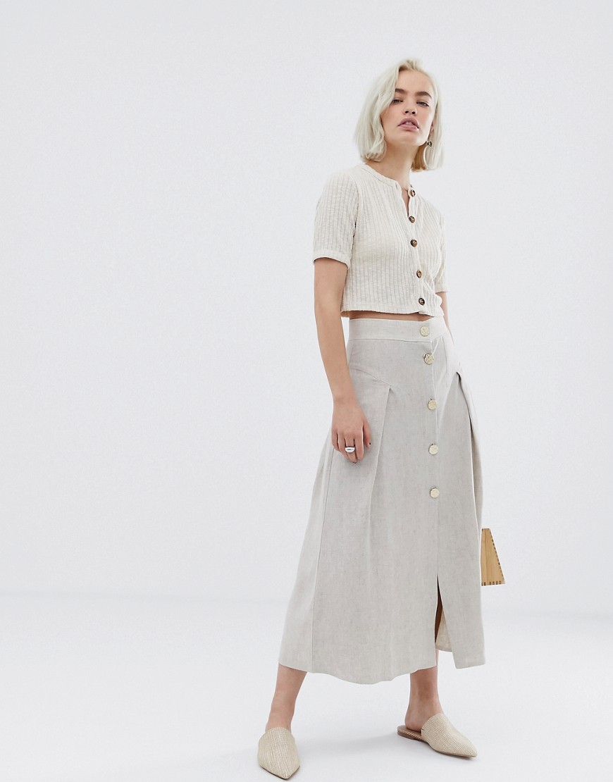 ASOS DESIGN seamed linen midi skirt with metal buttons-Cream