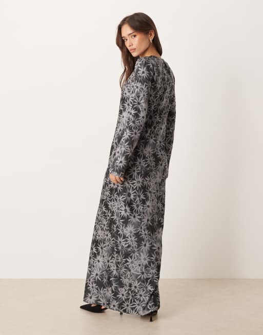 ASOS DESIGN seamed matt satin slip maxi dress in black white floral, 3 of 4