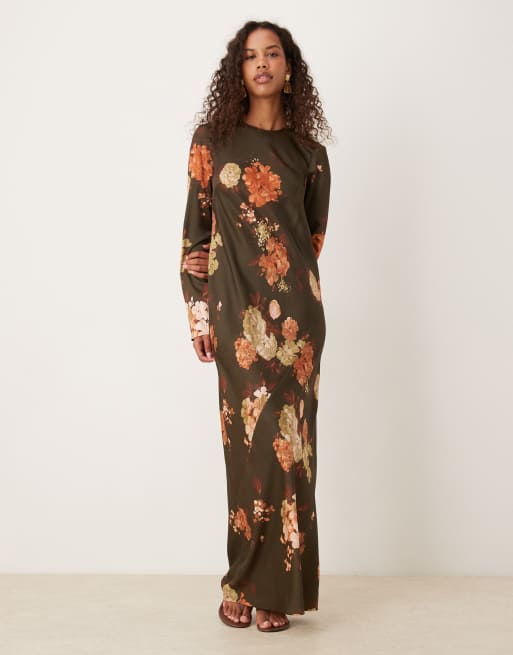 ASOS DESIGN seamed matte satin maxi slip dress in brown floral print