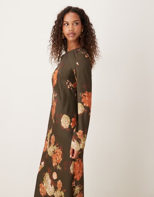 ASOS DESIGN seamed matte satin maxi slip dress in brown floral print