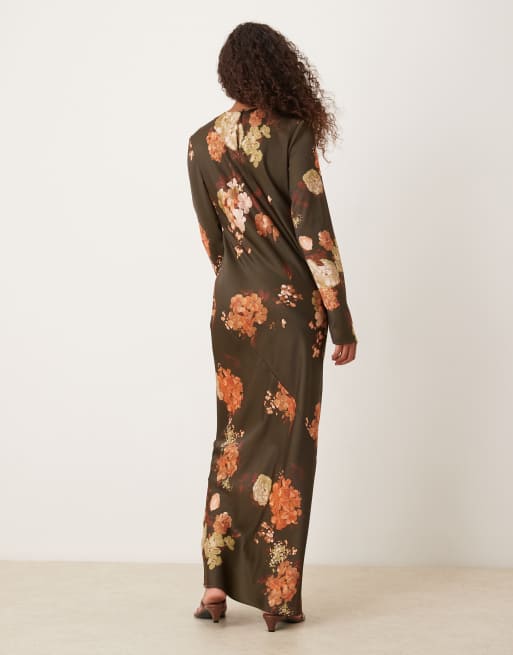 ASOS DESIGN seamed matte satin maxi slip dress in brown floral print