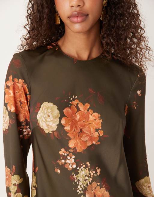 ASOS DESIGN seamed matte satin maxi slip dress in brown floral print