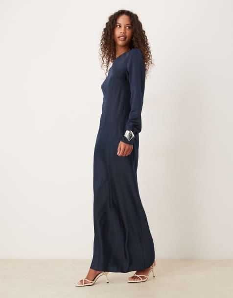 ASOS DESIGN seamed matte satin maxi slip dress in navy - view 1