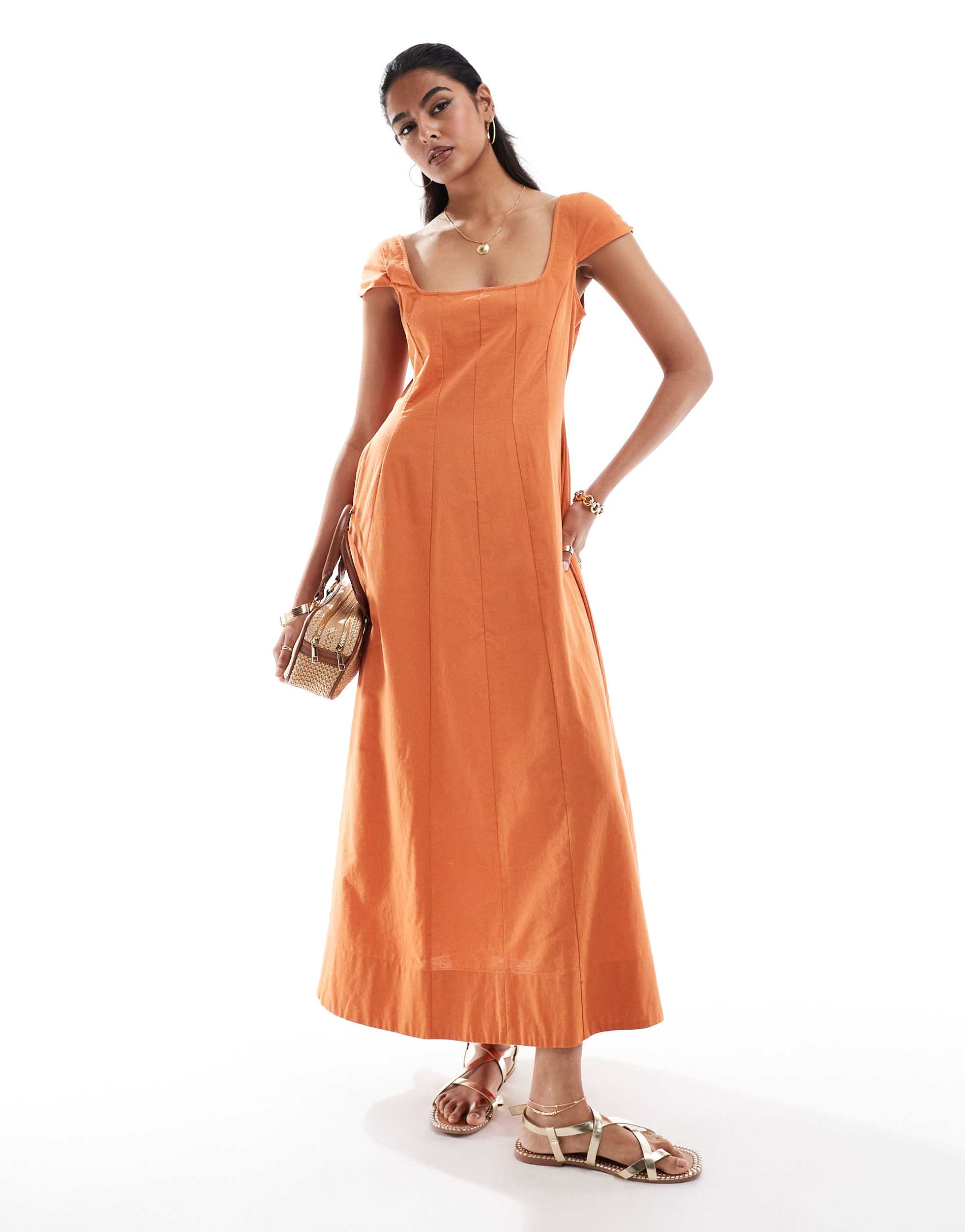 asos design seamed maxi tennis dress with capped sleeve in dark mango