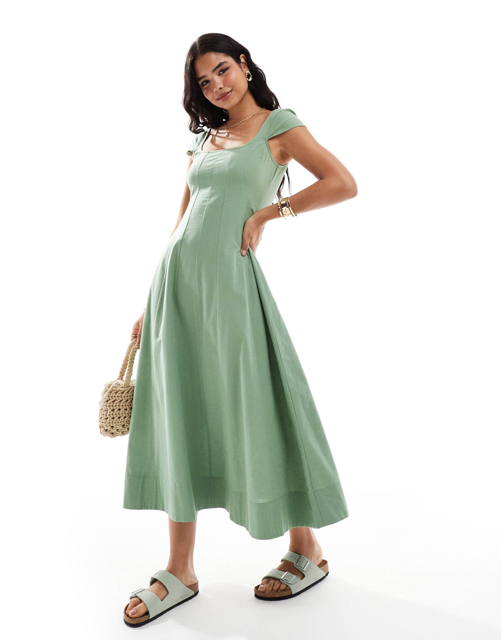 asos design seamed maxi tennis dress with capped sleeves in sage