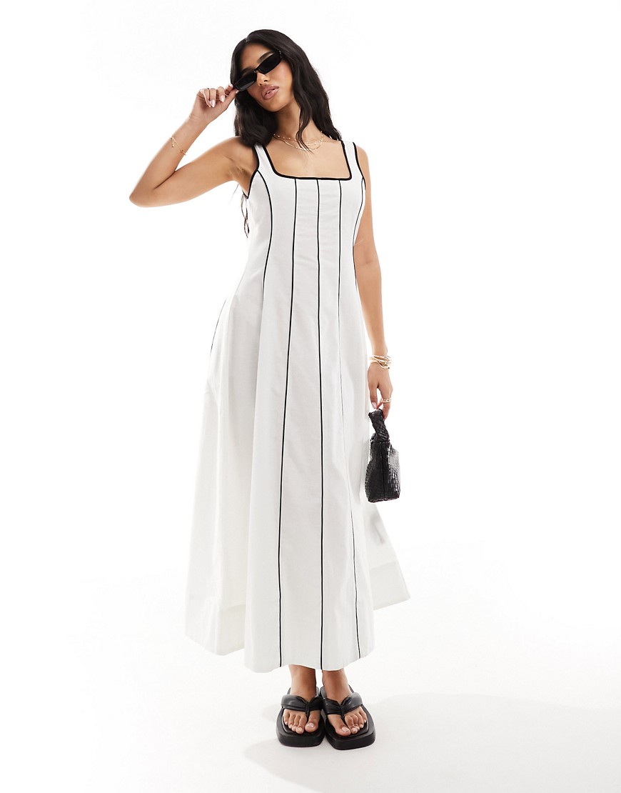 Asos Design Seamed Maxi Tennis Sundress In Ivory With Contrast Binding-white