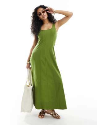 Asos Design Seamed Maxi Tennis Sundress In Khaki-green