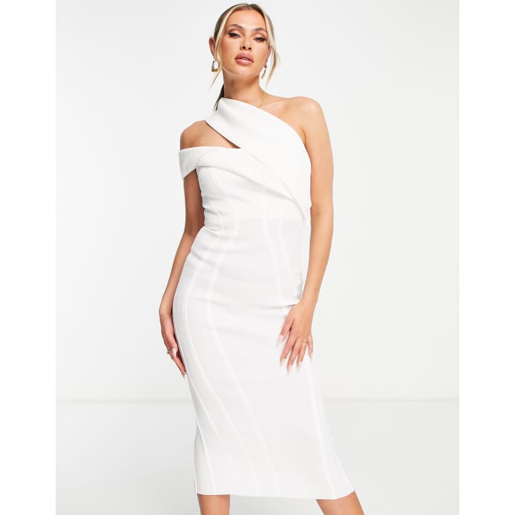 ASOS DESIGN seamed one shoulder pencil midi dress in ivory