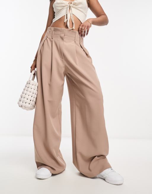 ASOS DESIGN seamed paperbag pants with pleats in taupe