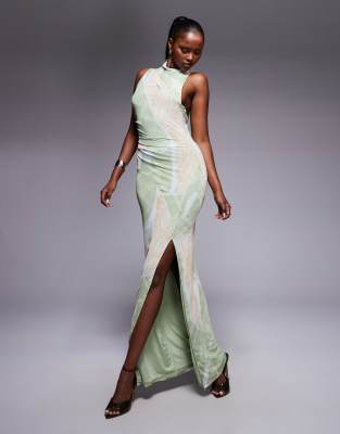 Asos Design Seamed Ruched Shoulder Pad Printed Mesh Midi-multi