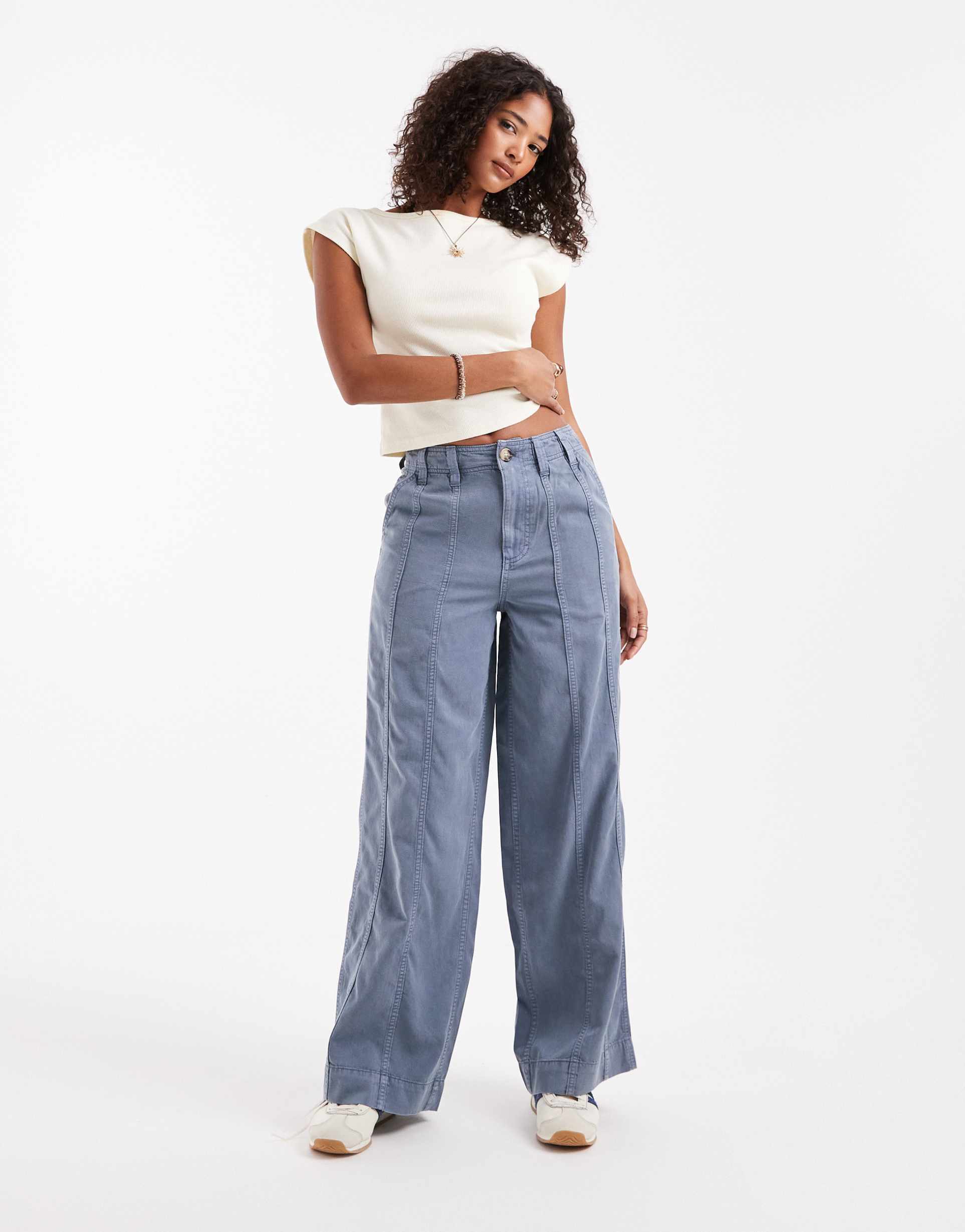 asos design seamed wide leg pants in washed blue