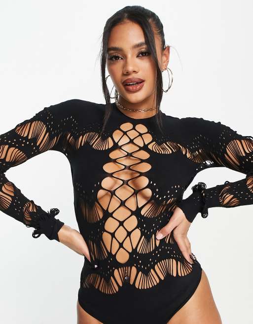 ASOS Louanna Long Sleeve Mesh Cut Out Strappy Bodysuit in Black