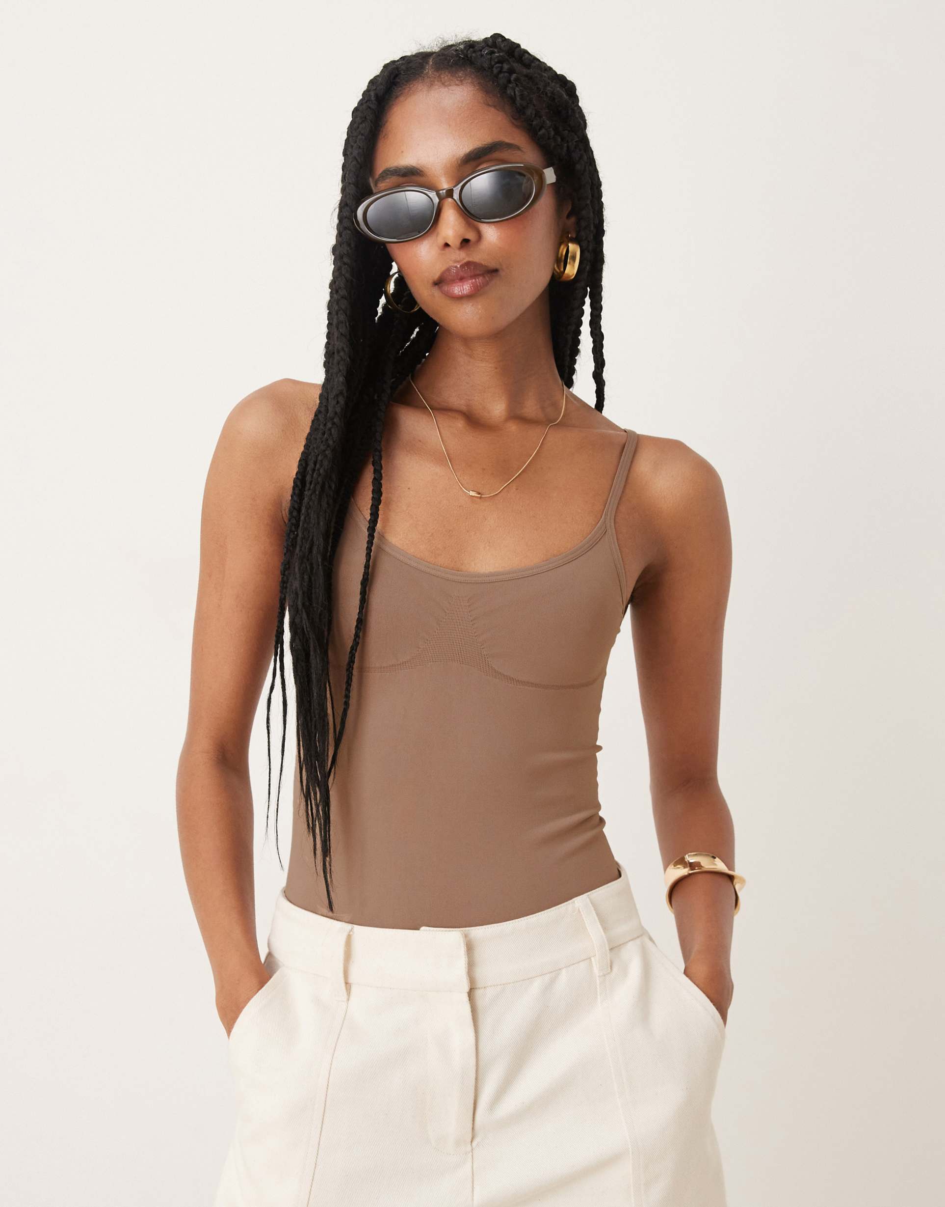 asos design seamless cami bodysuit in mocha