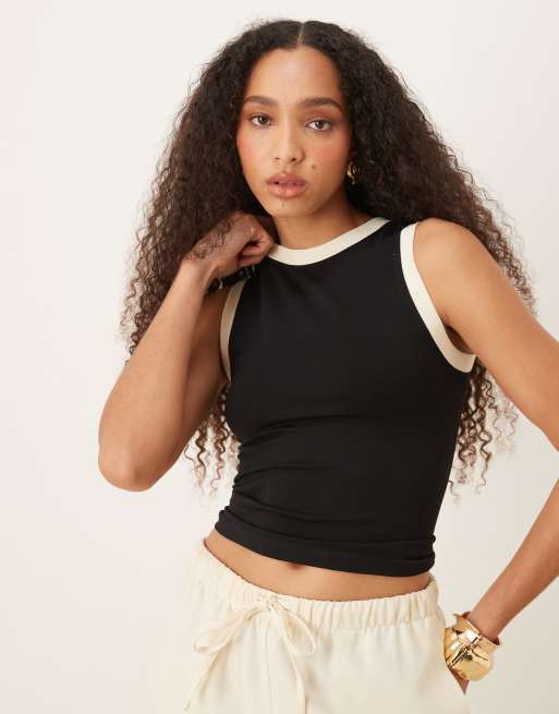 ASOS DESIGN seamless crew neck tank top with contrast trim in black | ASOS