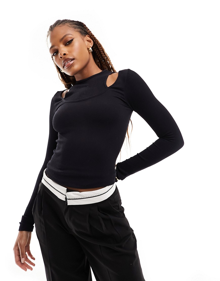 ASOS DESIGN seamless double layer long sleeve top in rib black