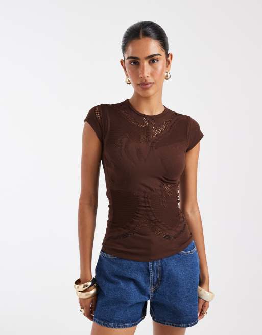 ASOS DESIGN seamless floral cut-out baby tee in choc, 4 of 4
