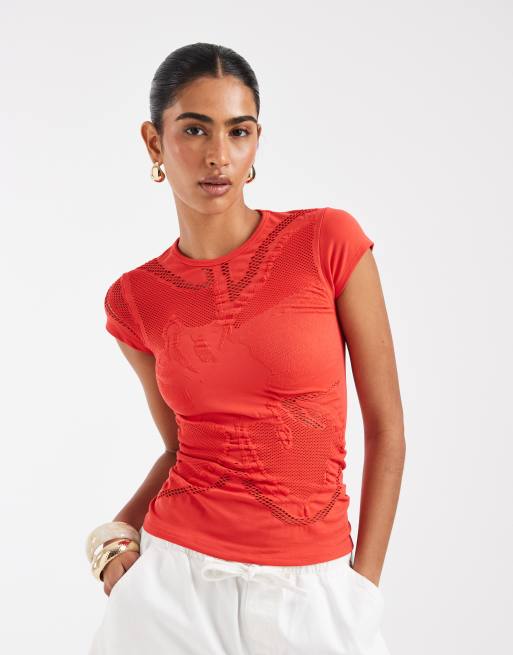 ASOS DESIGN seamless floral cut out baby tee in red, 4 of 4