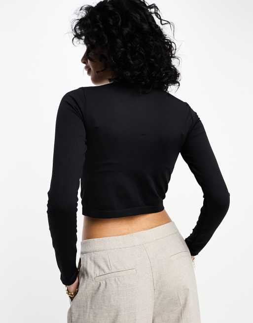 Seamless Contrast Trim Long Sleeve Crop Top - Gray