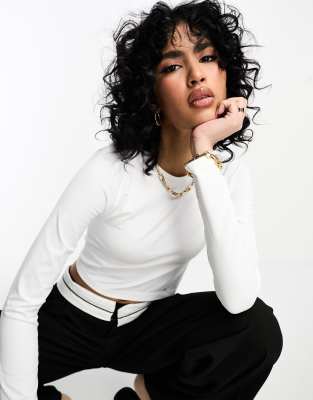 Asos Design Mesh Wrap Long Sleeve Top In Cream-white