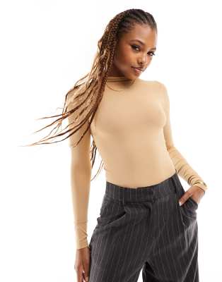 Asos Design Seamless Long Sleeve Roll Neck Bodysuit In Camel-neutral In Neutral