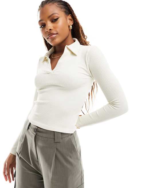 White Ribbed Long Sleeve Polo Top