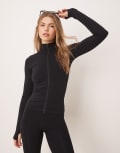 [ASOS DESIGN] ASOS DESIGN seamless long sleeve zip through top in black (part of a set) L BLACK