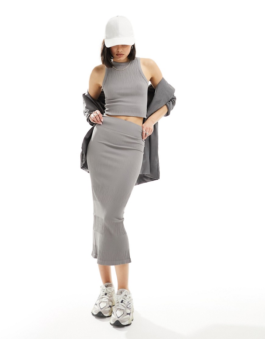 Asos Design Seamless Mixed Ribbed Midi Skirt In Dark Gray - Part Of A Set